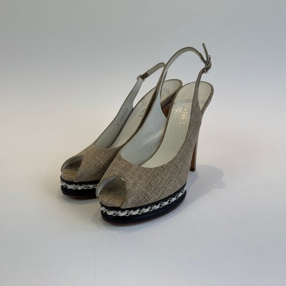 Chanel Beige Canvas and Black Leather Peep Toe Platform Slingbacks, Size 41 - Picture 6 of 14